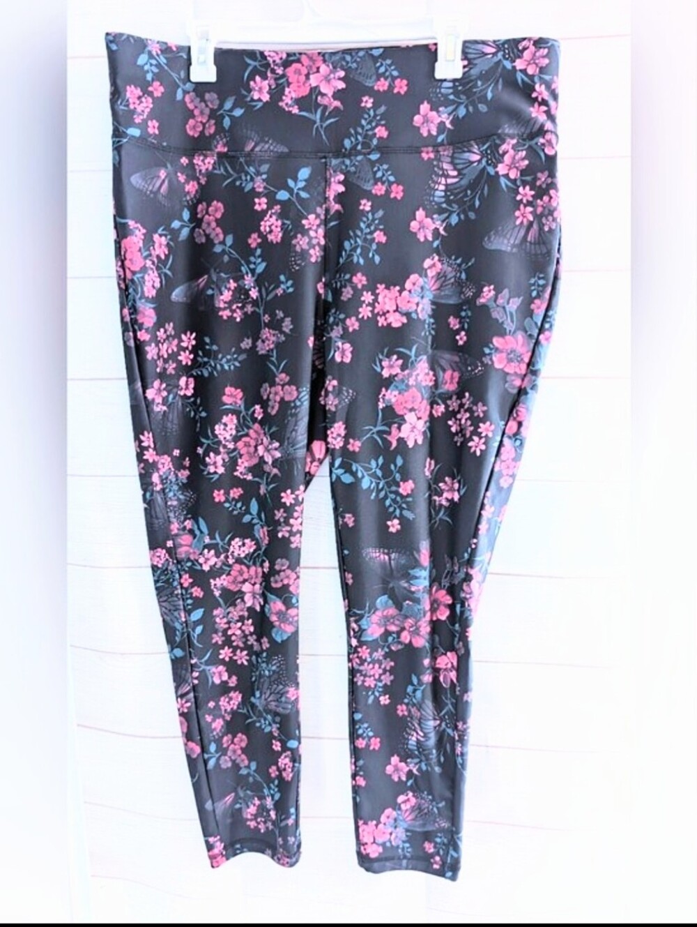 Nwot Active Zone Floral High-Waist Active Leggings Black W/ Pink & Blue Bloom 2X